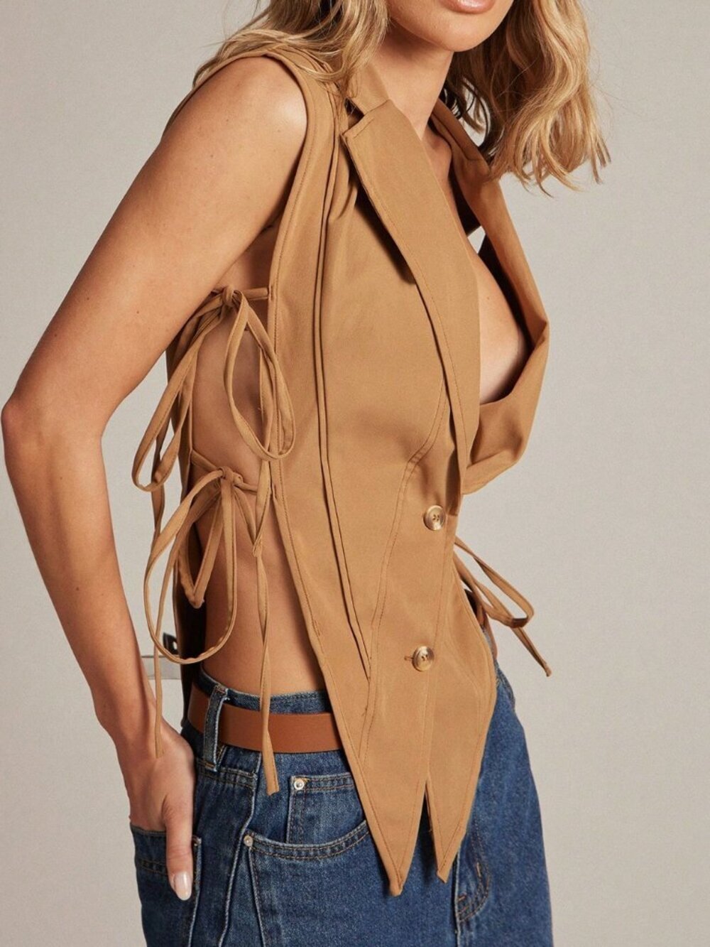 Khaki Casual Women's Sexy Deep V-Neck Front Button Side Tie Camisole - Picture 4 of 6